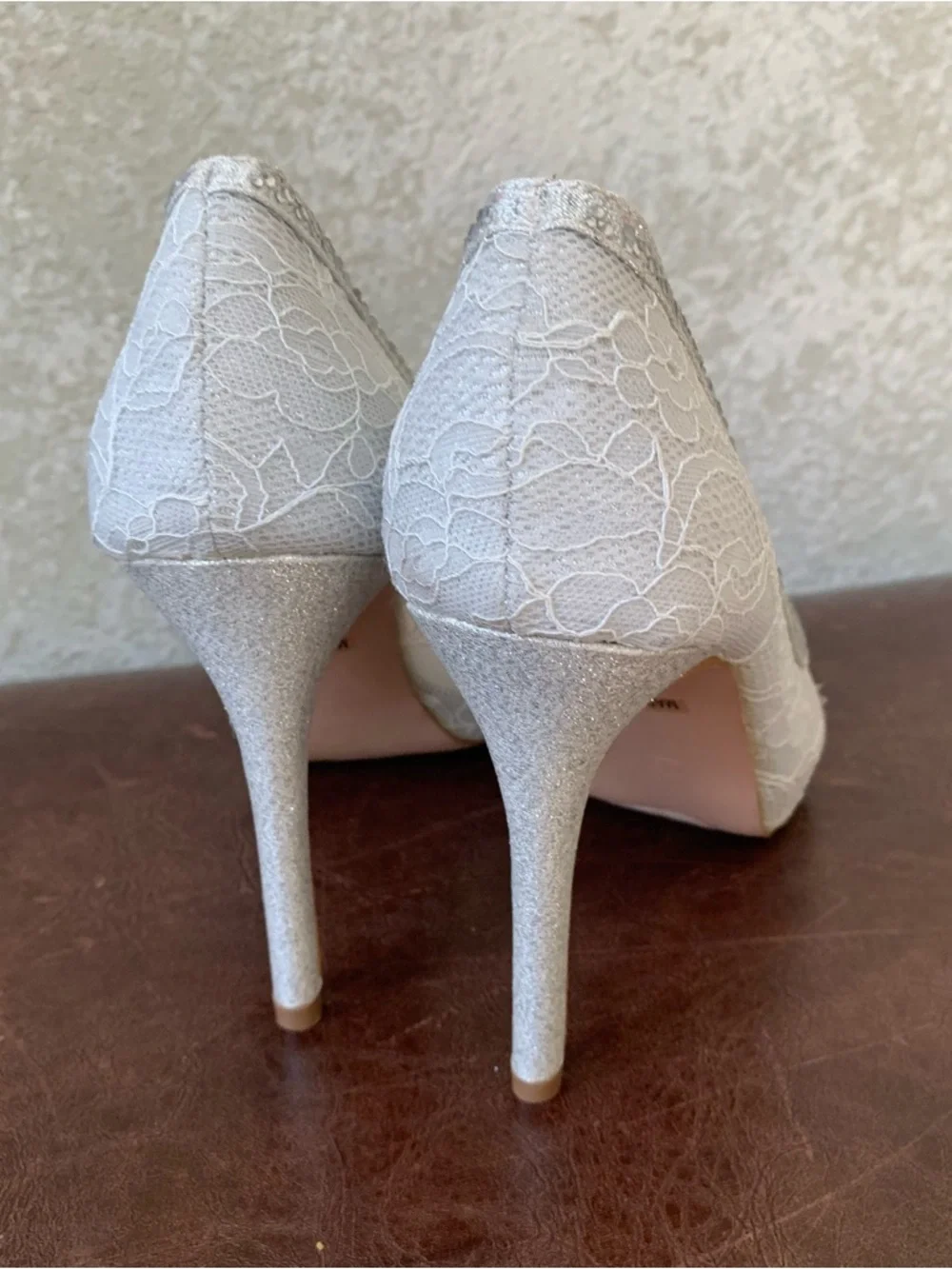De Blossom Collection White Lace Rhinestone Peep-Toe Heels 7.5 Bride Wedding